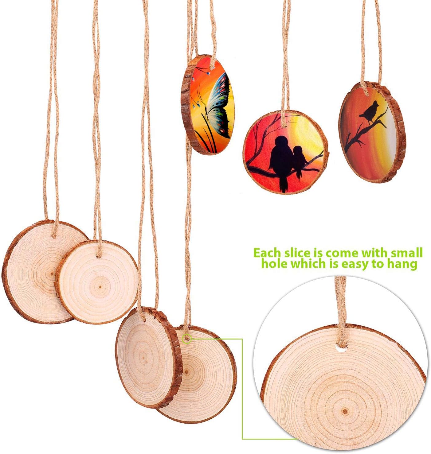 25PCS Predrilled Tree Wood Rounds &#x2013; 3.1&#x2013;3.5&#x22; Natural Unfinished Slices for Crafts, DIY &#x26; Holiday Ornaments