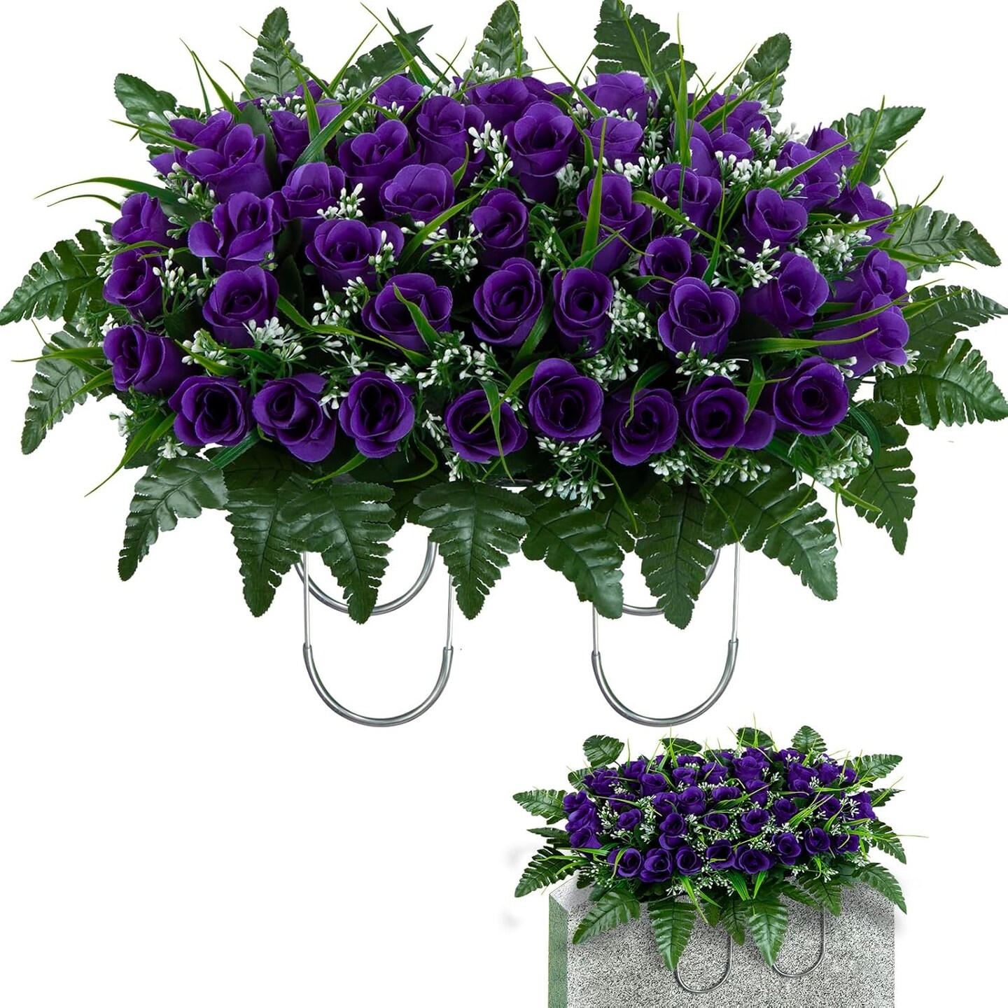 Artificial Cemetery Tombstone Flowers Saddle, Outdoor Grave Memorial Flowers Saddle for Headstone, Cemetery Decoration (Purple)