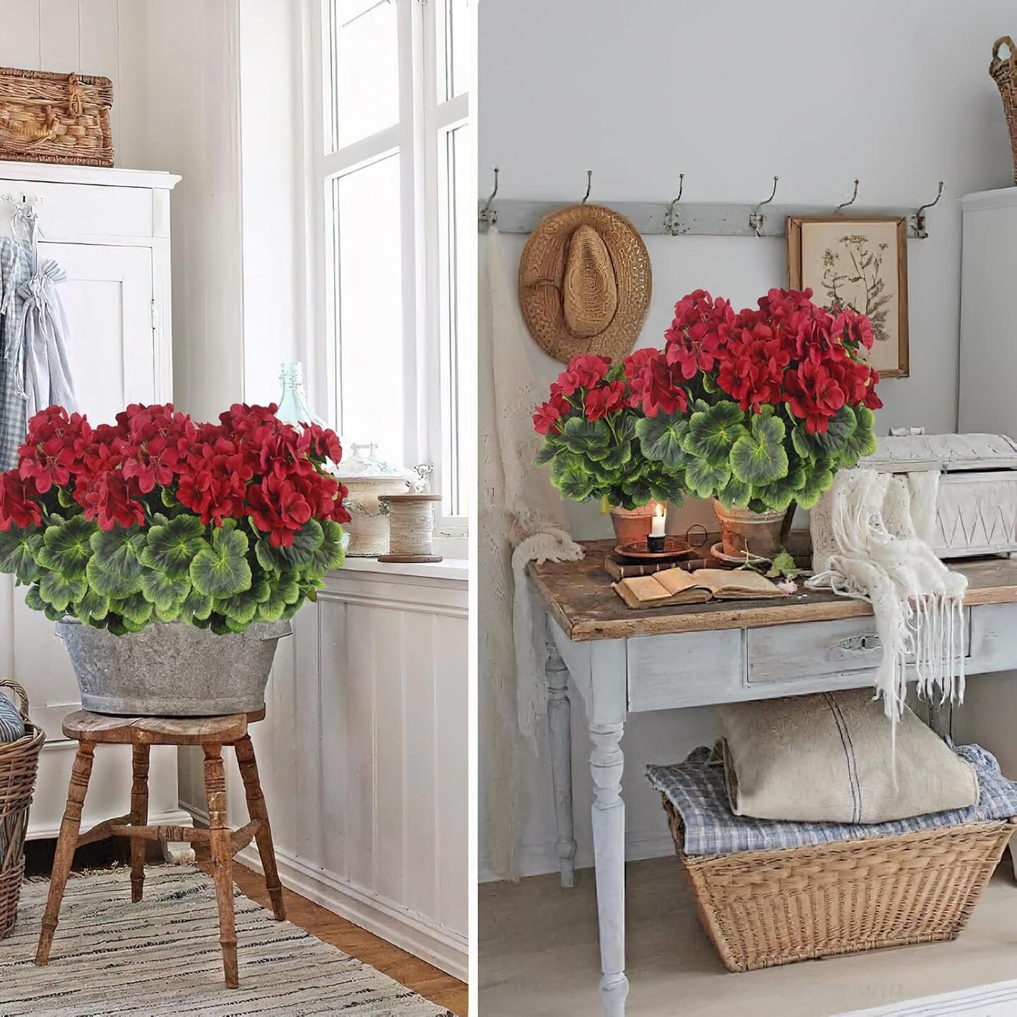 2 Pcs Artificial Geraniums for Outdoor Silk Geranium Flowers Red Artificial Geranium Bush Faux Flowers Geraniums Branch for Garden Patio Grave Cemetary Vase Table Centerpiece Indoor Decor