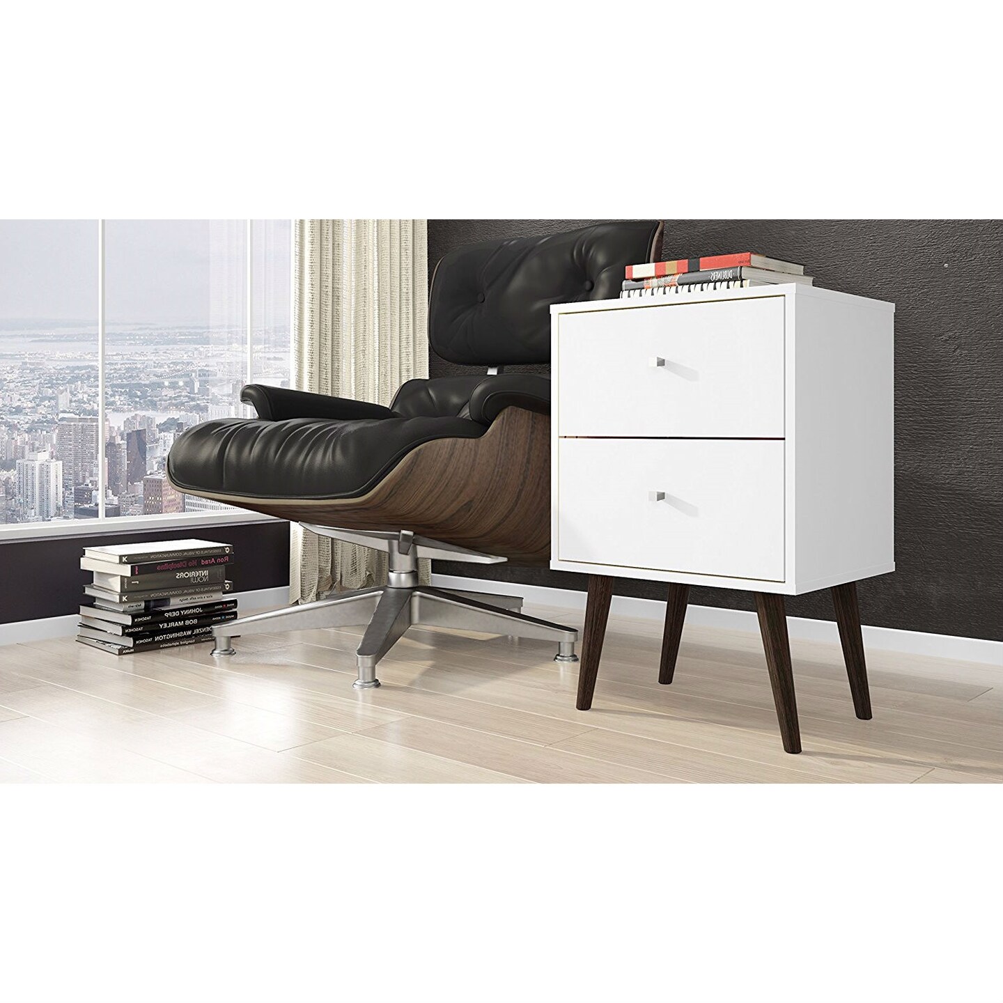 2-Drawer White Nightstand in Mid-Century Modern Style for Bedroom
