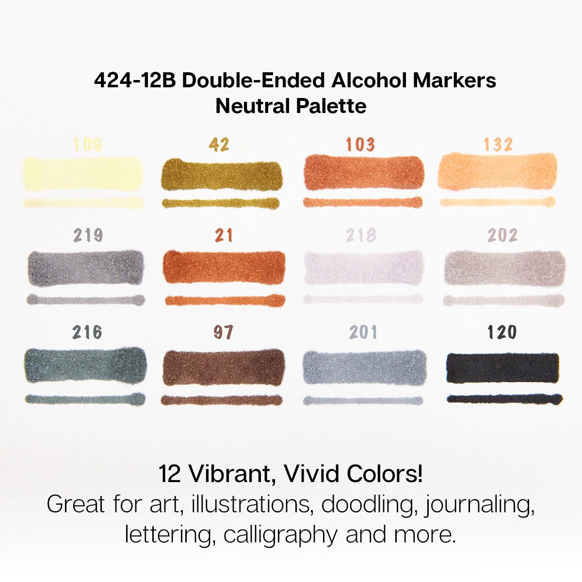 KINGART® PRO Double-Ended Art Alcohol Markers, 12 Neutral Palette Colors with Both Fine & Chisel Tips and Superior Blendability