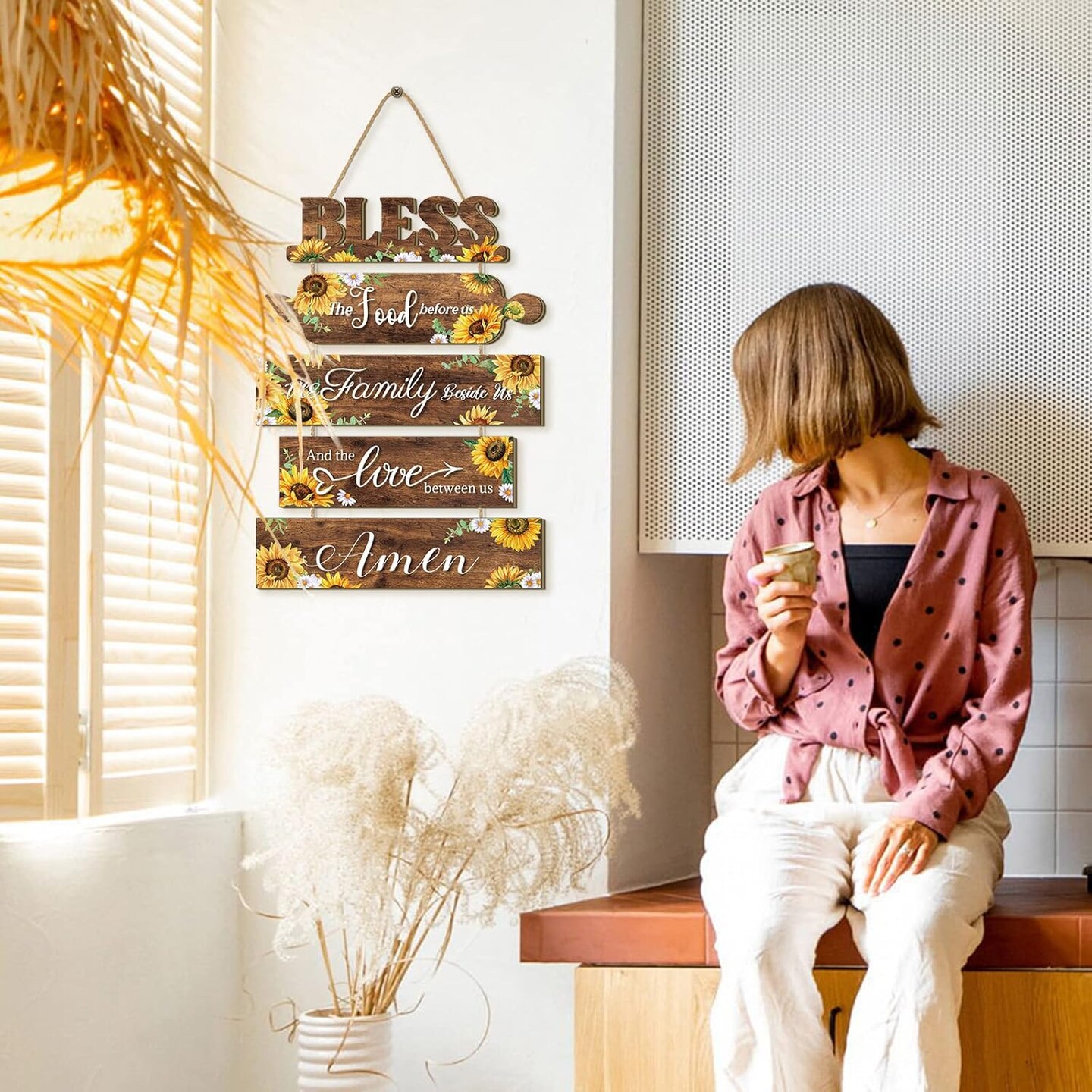 Sunflower Kitchen Wall Decor Bless The Food Before Us Sign Farmhouse Wooden Signs Rustic Dining Room Wall Art Country Vintage Hanging Decoration for Home Kitchen Room(Classic Style)