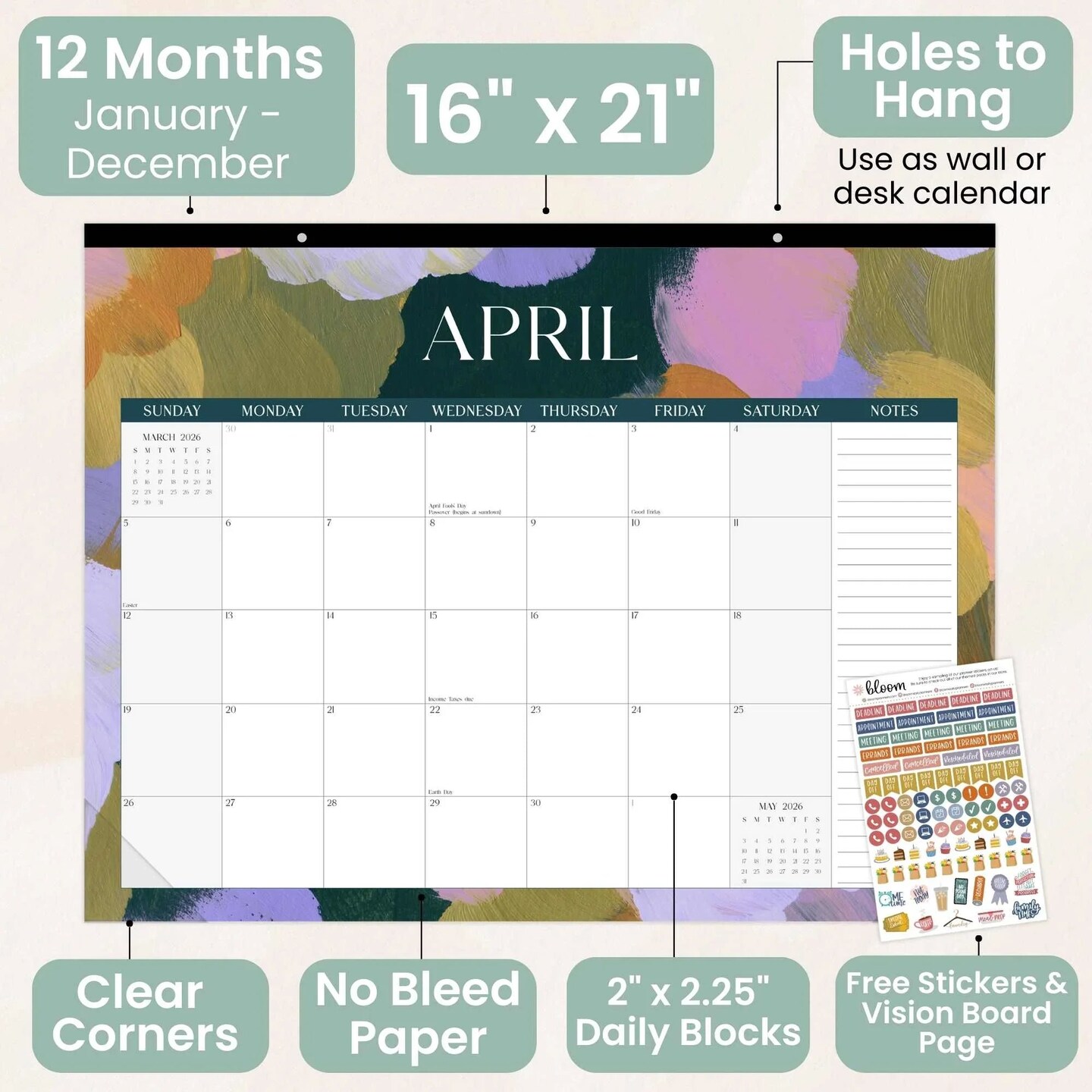 bloom daily planners 2026 Desk & Wall Calendar, 16" x 21", Paint Strokes