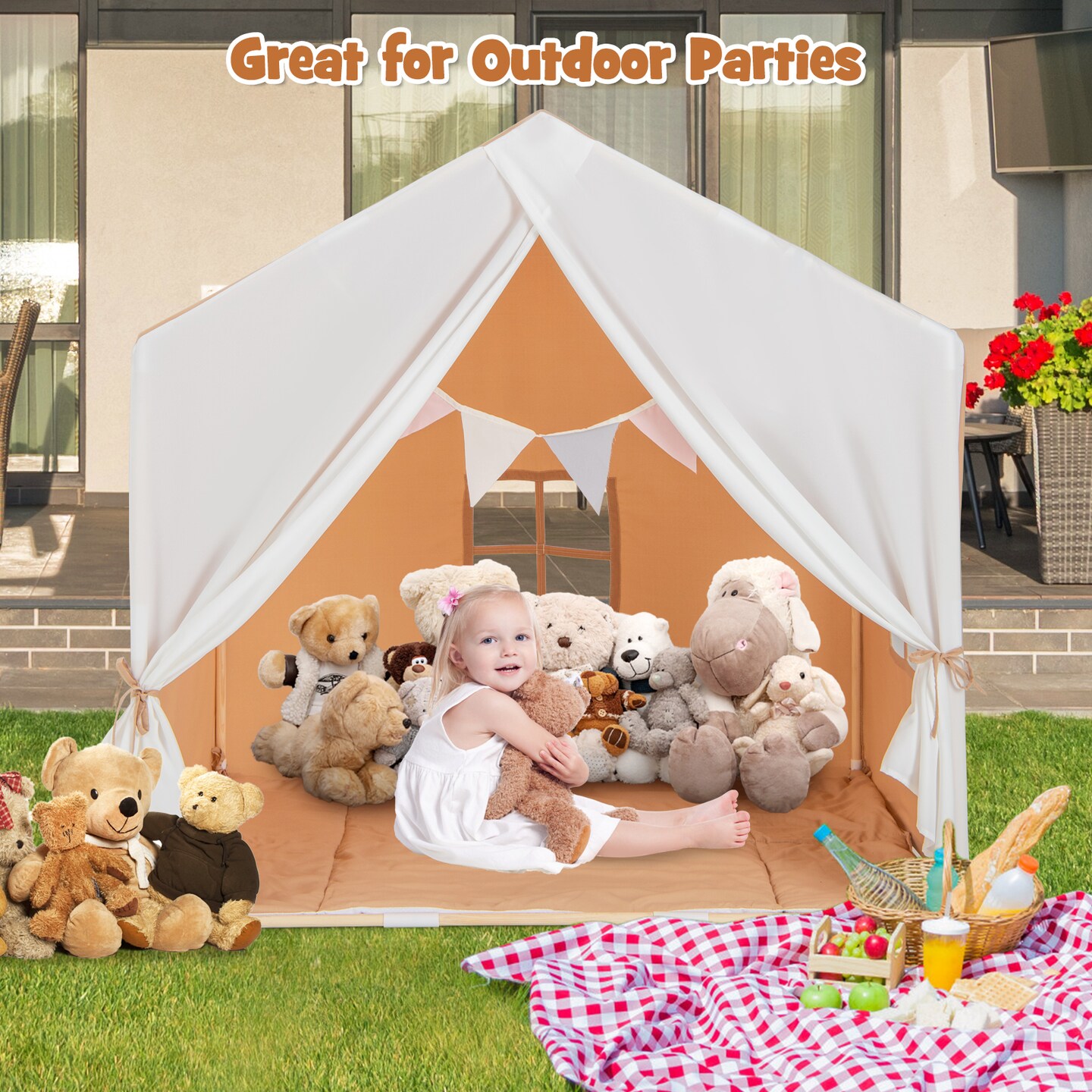 Kids Indoor Outdoor Play Tent with Padded Mat and Wood Frame 51.5-In Pine Wood Fabric Playhouse
