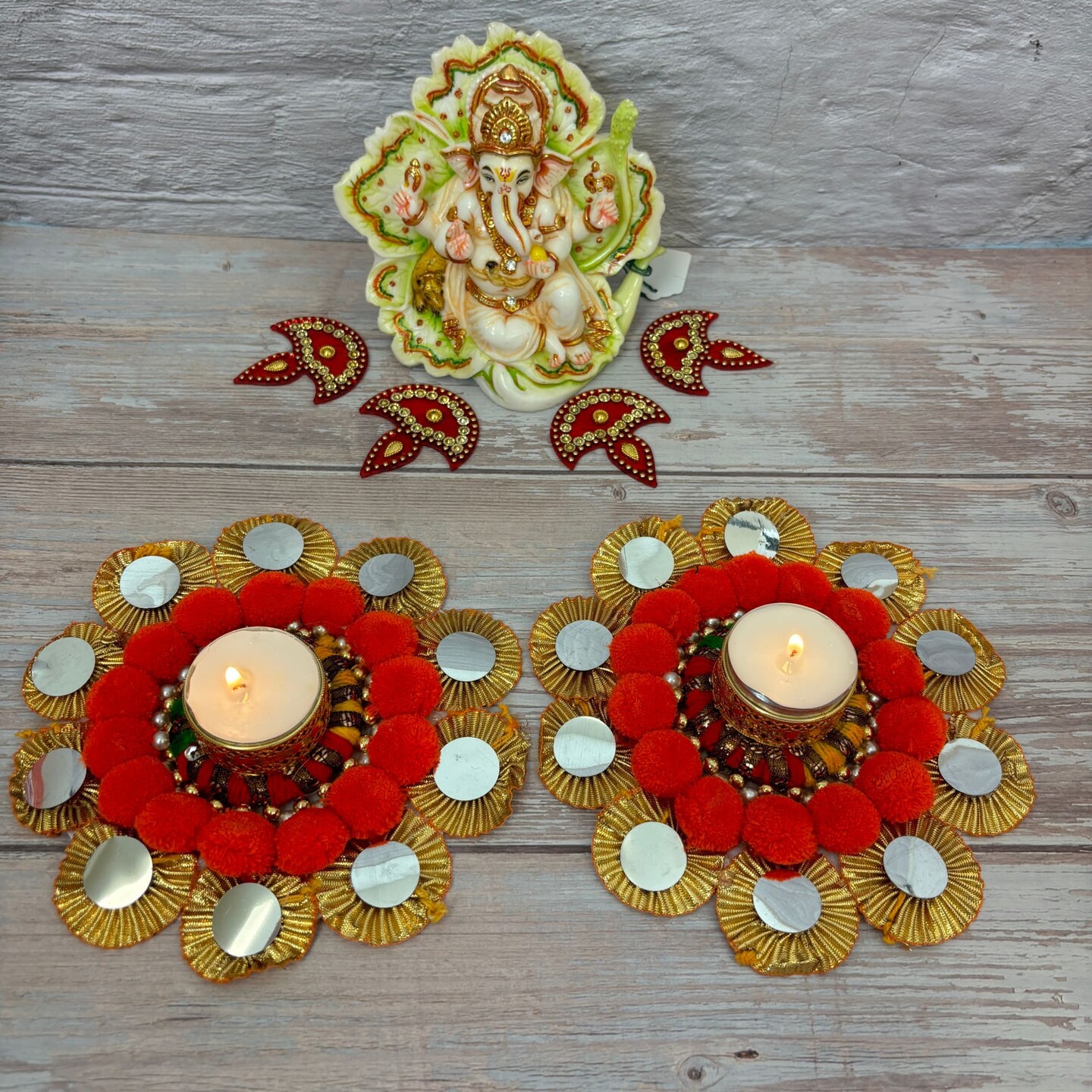 Diwali Rangoli, Wedding table decor, Indian Housewarming Gifts,Reusable Traditional Rajasthani Home Decor/ online Candle Holder/Cute Pompoms