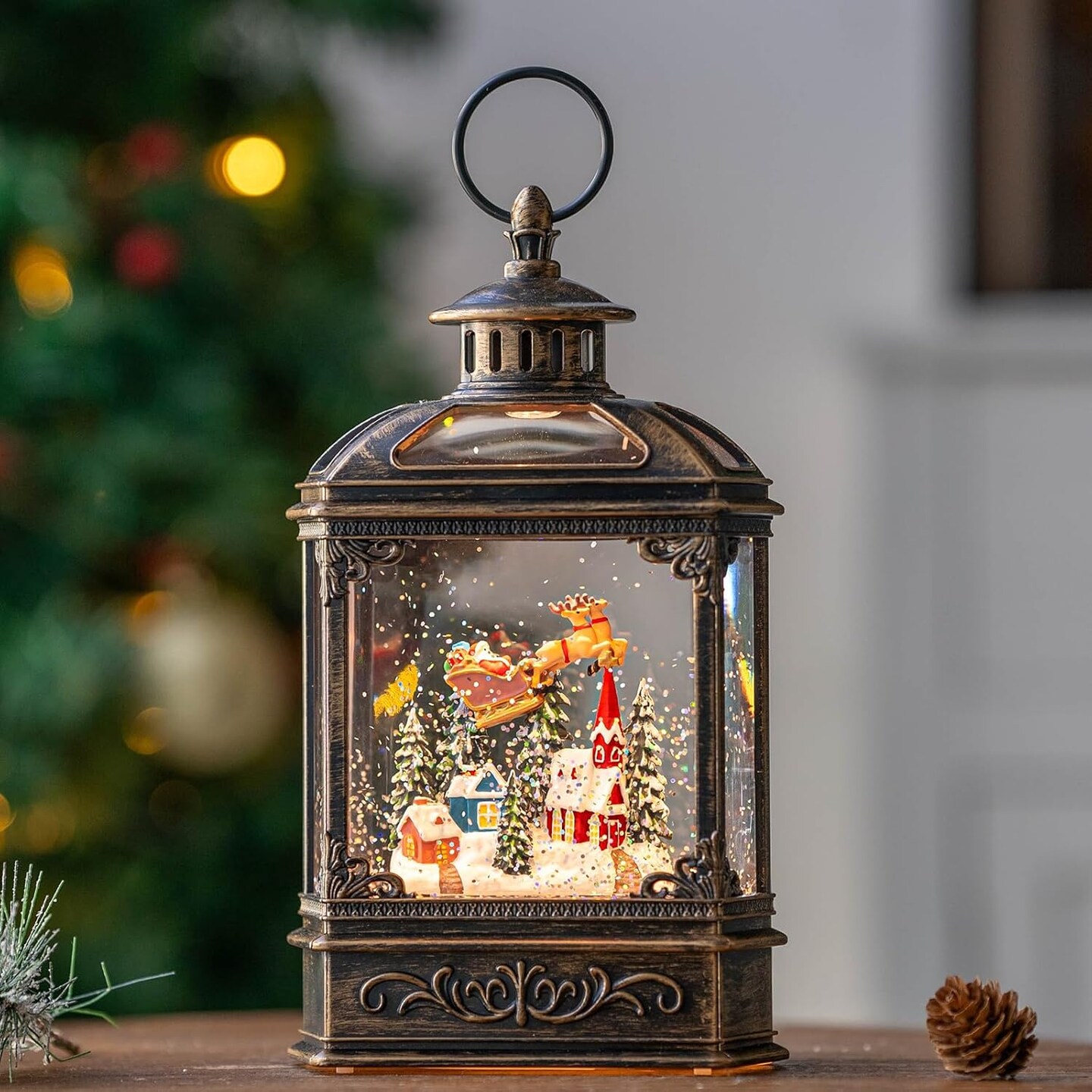 Christmas Snow Globe Swirling Glittering Lantern Santa Flying with Reindeer, USB Lined/Battery Operated Lighted Water Lantern for Christmas Festival Decoration Gifts