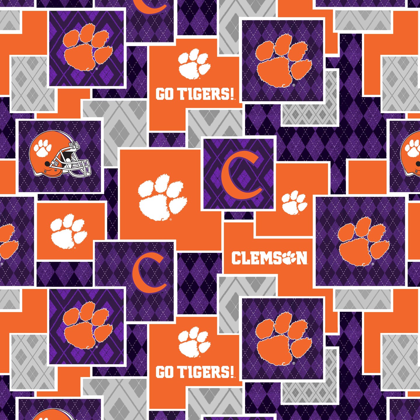 Sykel Enterprises-Clemson University Cotton Quilting Fabric-Clemson Tigers Argyle Boxes Cotton Fabric Sold by the Yard