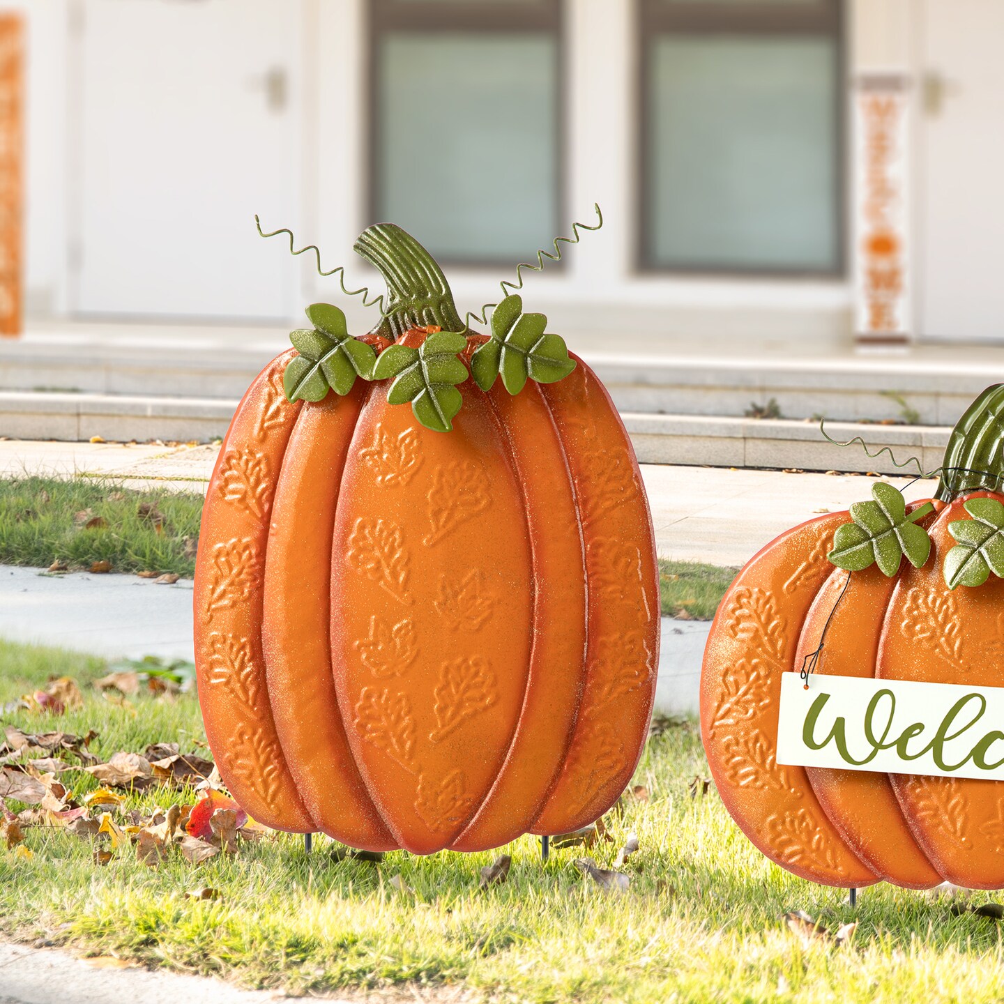 Set of 2 Fall Metal Embossed Glitter Pumpkin Yard Stake or Porch Decor (KD, Two Function)