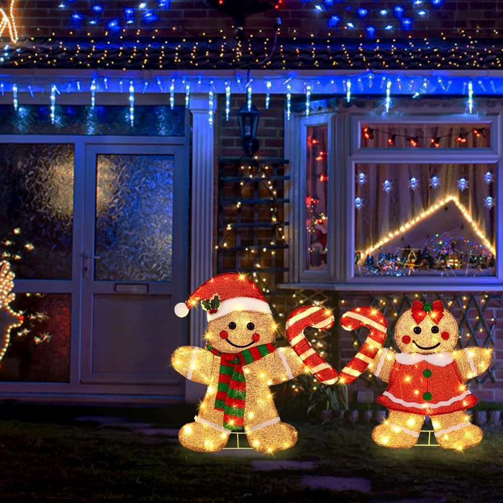 22.5’’ Lighted Christmas Yard Decoration 2pcs Light Up Gingerbread Man Couple Christmas Outdoor Decorations Sign Waterproof for Xmas Winter Holiday Garden Lawn Outside Indoor Decor Display