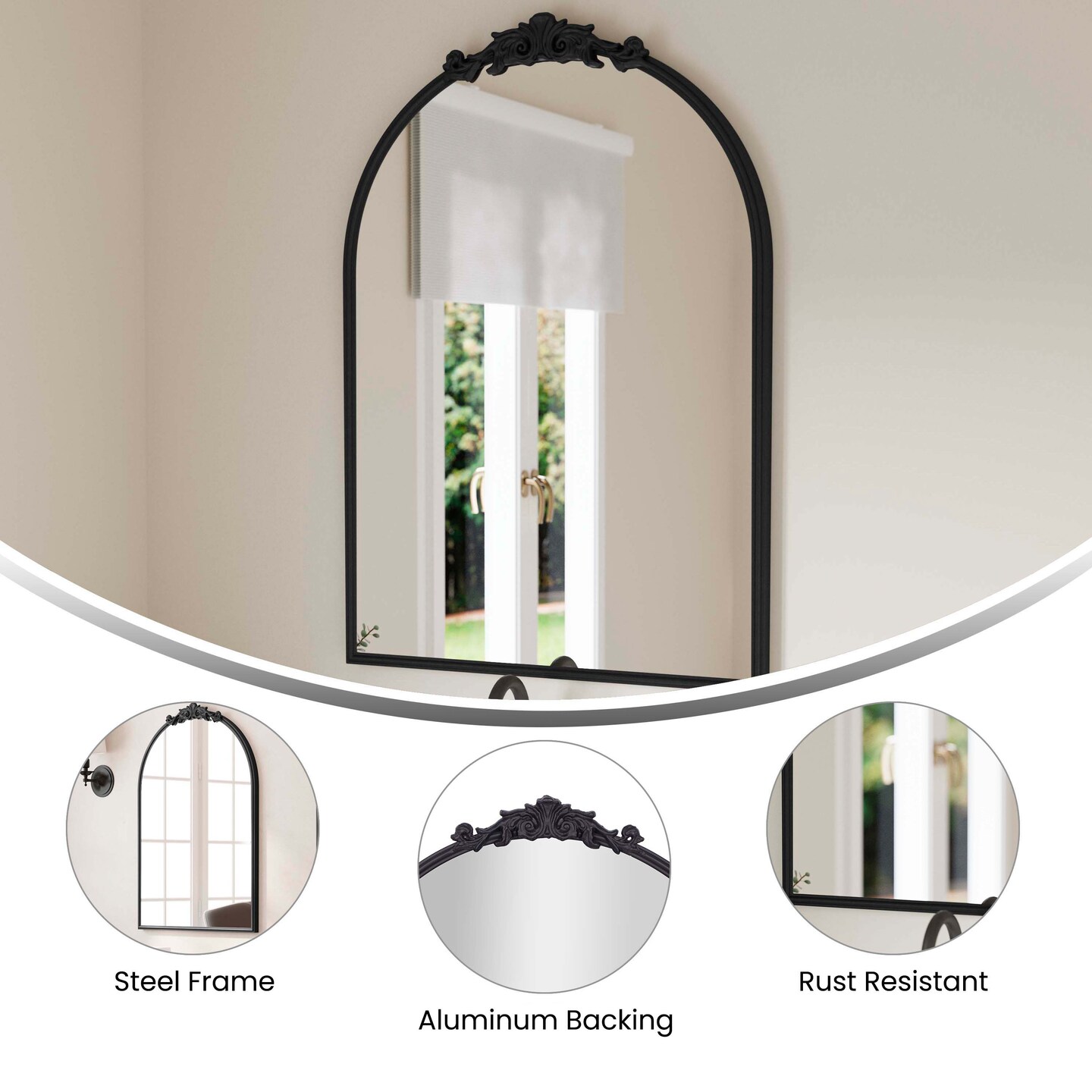 Emma and Oliver Monte Arched Wall Mirror with Baroque Style Detail, and Aluminum Backed Glass for Clarity for Entryways, Bathrooms & More
