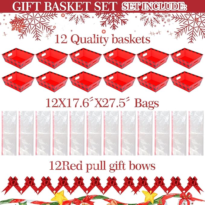 Basket Gift Set 8x10'' Gifts Baskets for Gifts Empty to Fill with Basket Empty, Basket Bags, Red Pull Bows for Christmas Holiday (Red and Black Plaid)