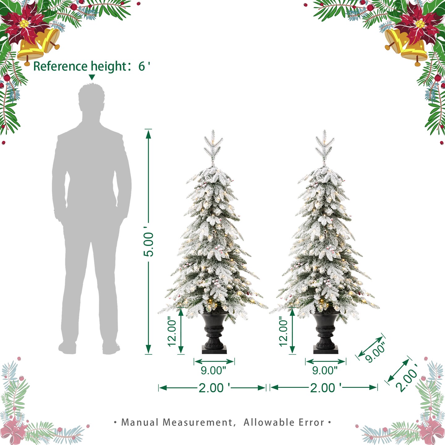 Set of 2 4ft/5ft Pre-Lit Flocked Fir Artificial Christmas Porch Tree with Warm White Lights and Red Berries