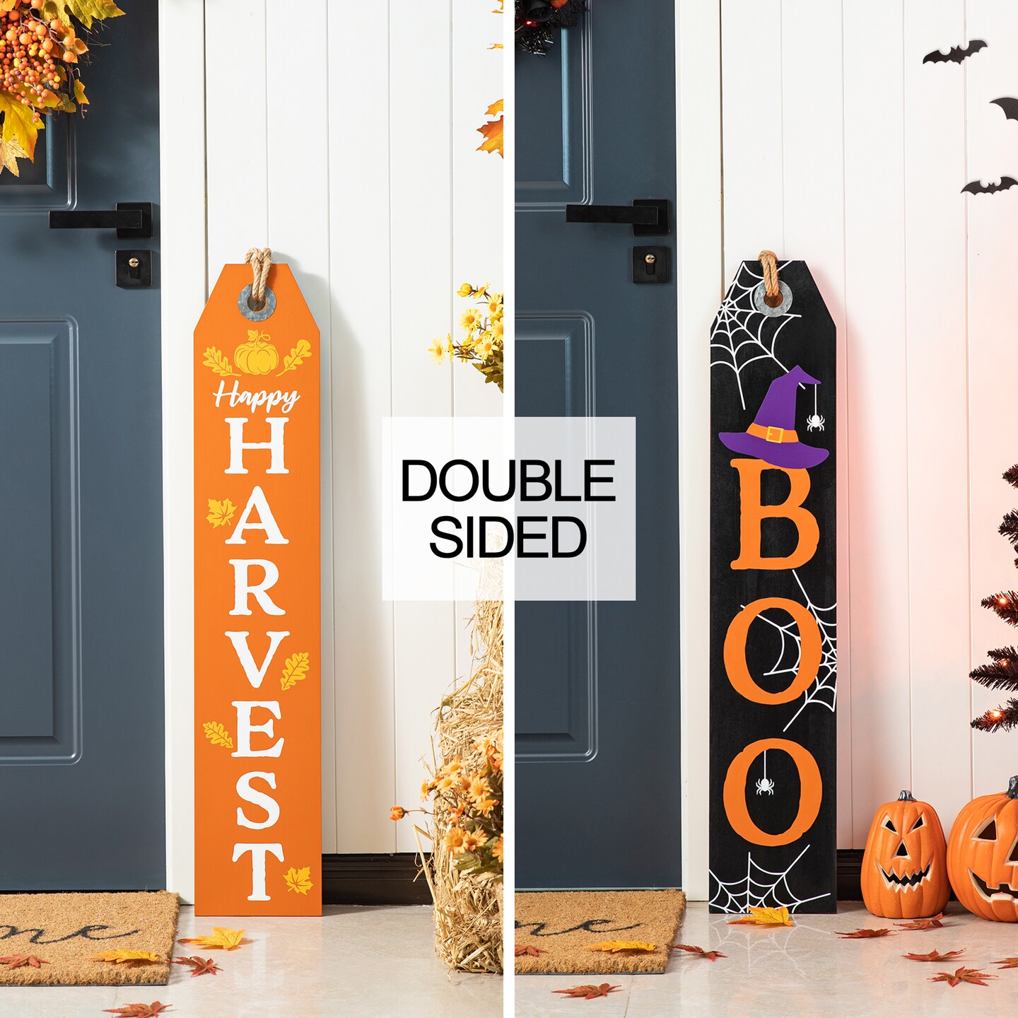 35.5&#x22;H Fall and Halloween Wooden Reversible Tag Porch Sign