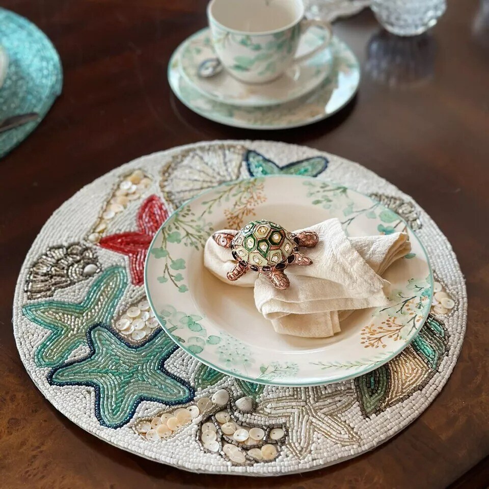 14&#x22; Beaded Placemats, Round Placemats Charger Table Mats, SEA LIFE