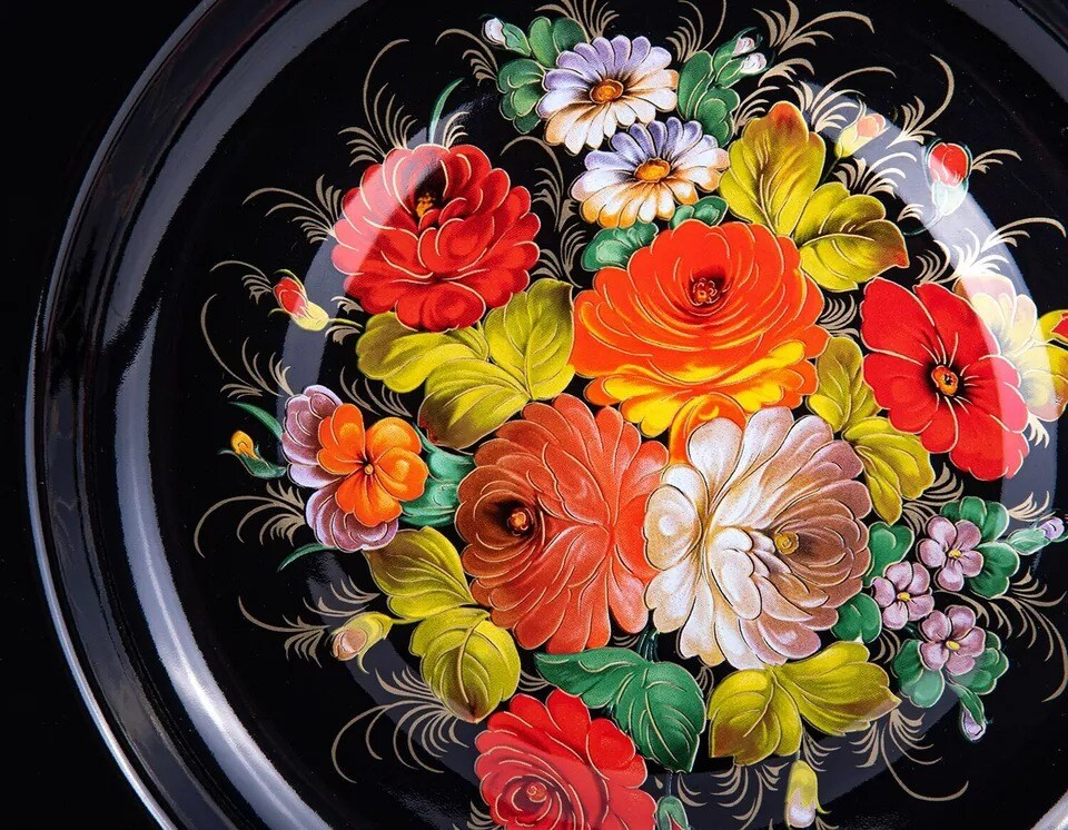 14&#x22; Stalemal ZHOSTOVO FLOWERS Black Enameled Serving Plate Enamel Platter