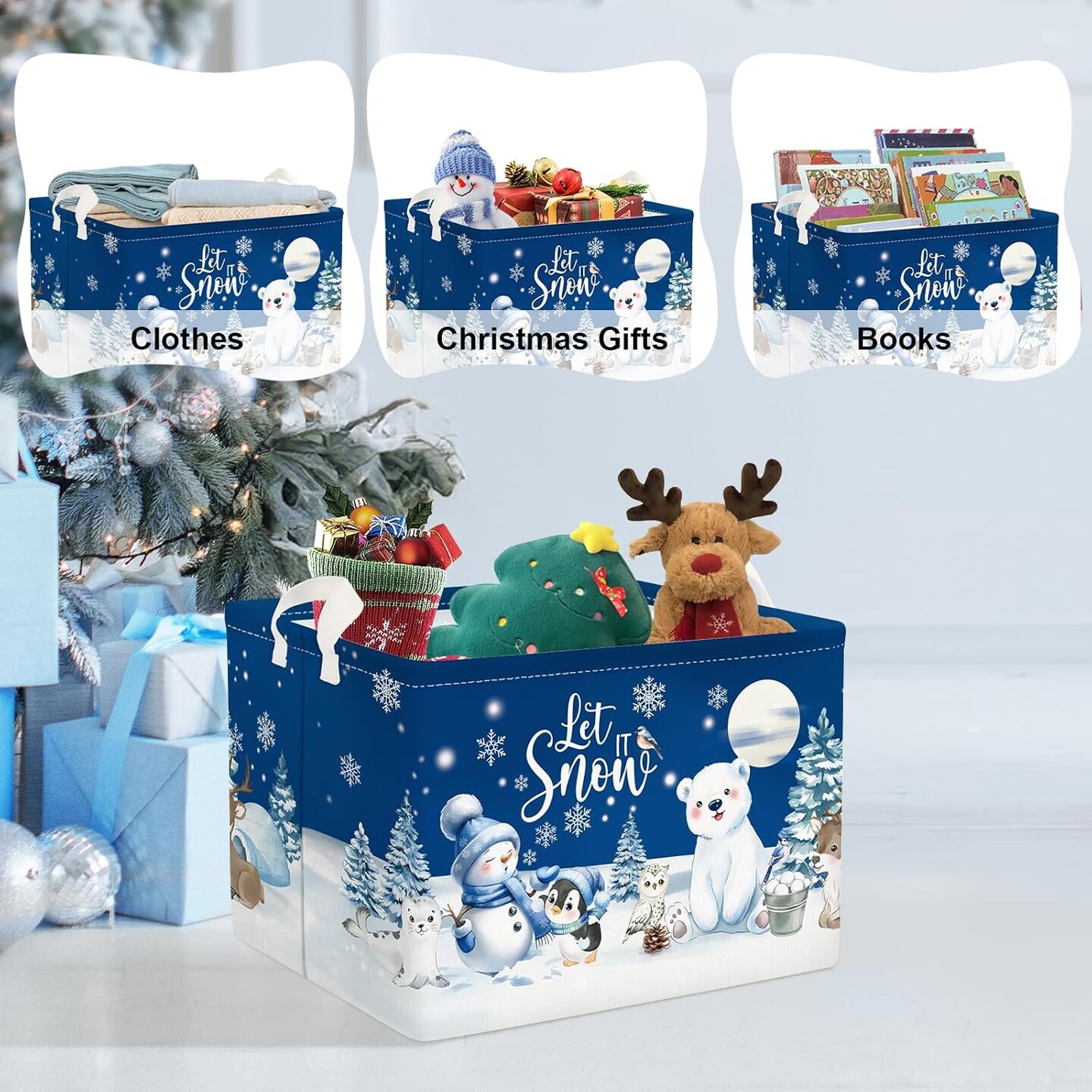Winter Animals Storage Basket Christmas Snowman Penguin Gift Basket Kid Polar Bear Deer Owl Seal Nursery Bin Large Clothes Toy Book Shelf Basket Cube