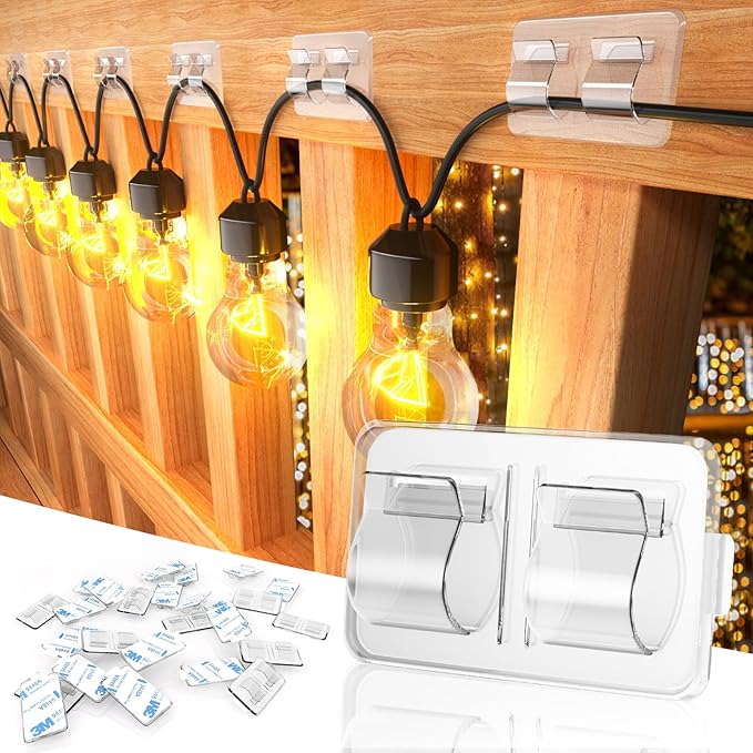 Hooks for Outdoor String Lights Clips: 25Pcs Heavy Duty Cable Clips with Waterproof Adhesive Strips for Hanging Christmas Light - Outside UV-Resistant Clear Sticky Cord Holders Rope Organizer
