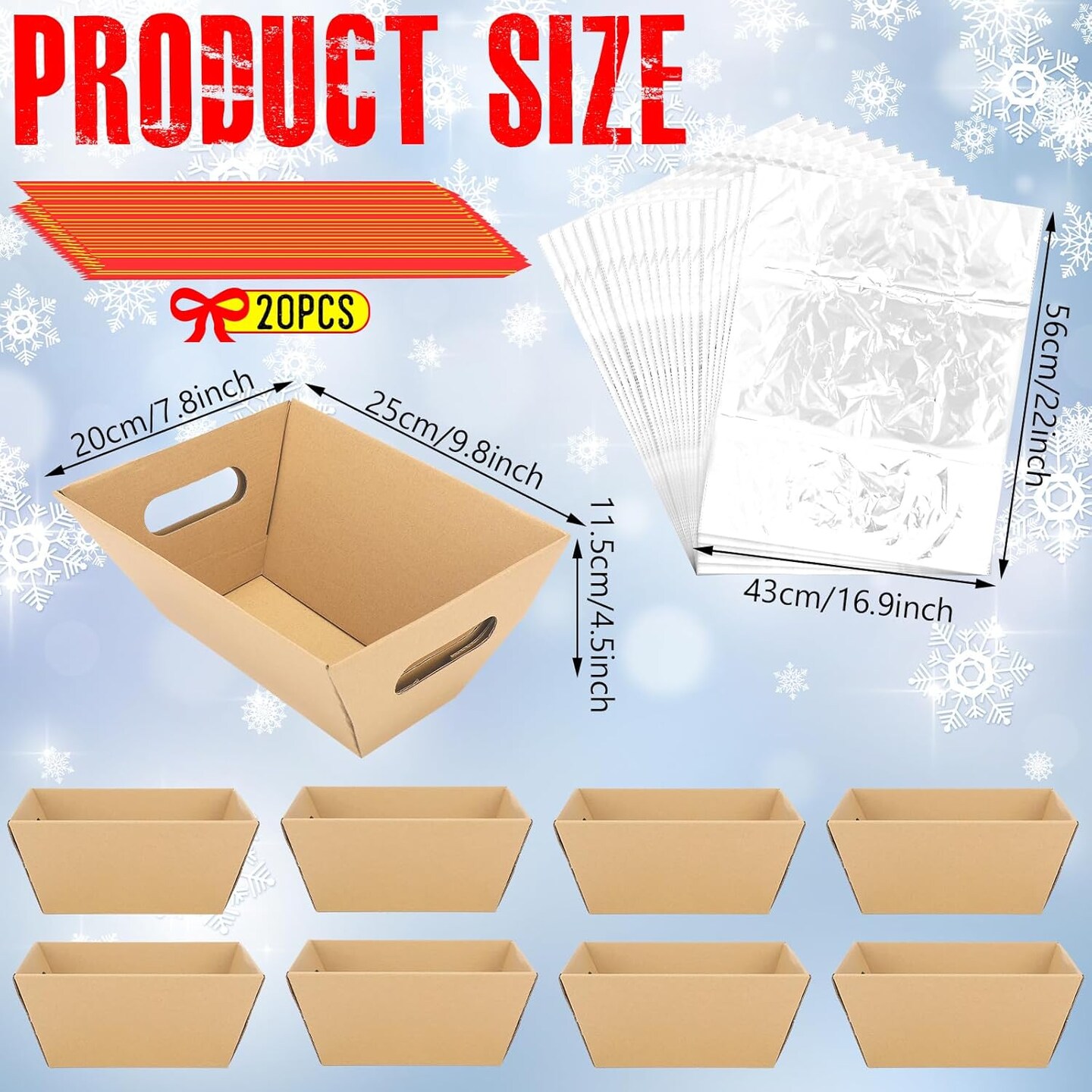 60 Pcs Christmas Kraft Gift Baskets Set Includes 20 Baskets for Gifts Empty, 20 Cellophane Wrap for Gift Baskets and 20 Bows, Gift Tray Empty with Handles Party Gifts for Holiday Birthday