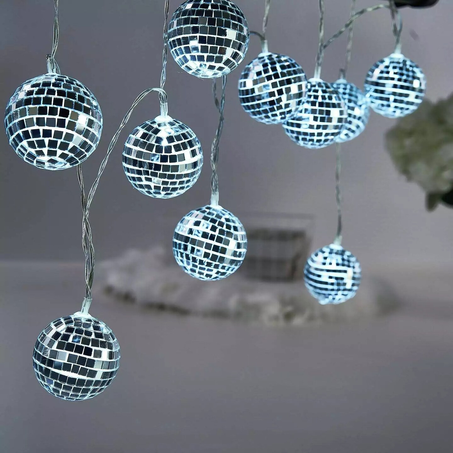 72-Inch Cool White LED Disco Mirror Balls Battery Operated String Lights Garland