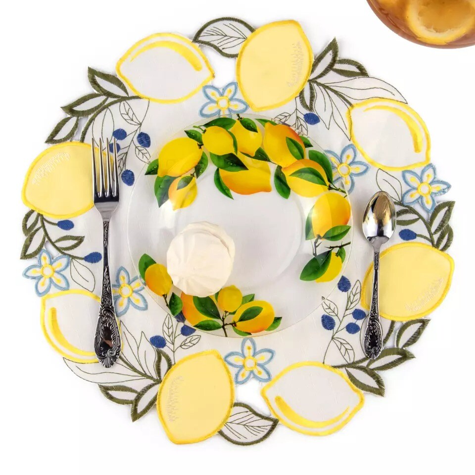 Lemon Placemat Set of 2 Round Doily Vintage Charger Table Mats 15"