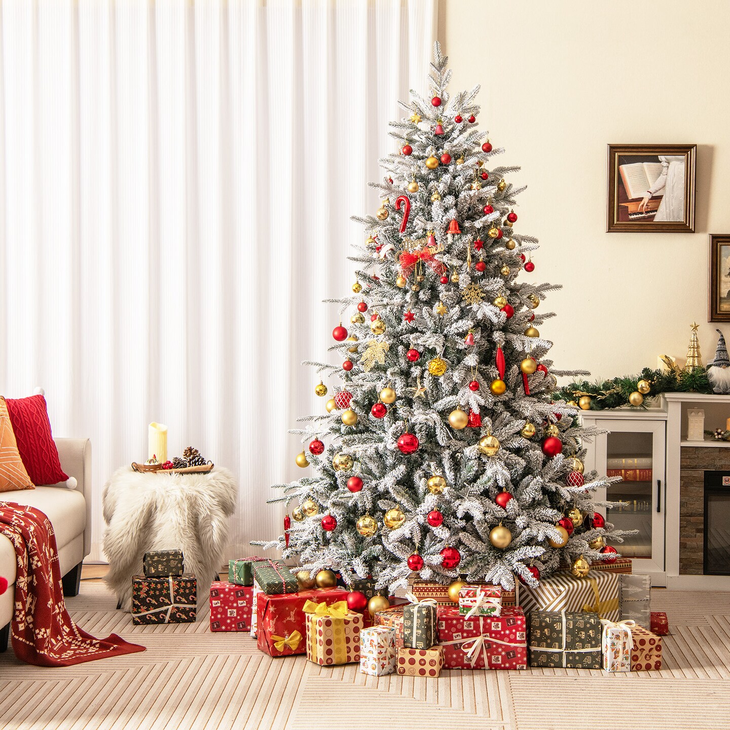 7 Feet Flocked Christmas Tree with 8 Lighting Modes and Multi-Color LED Lights-7 ft
