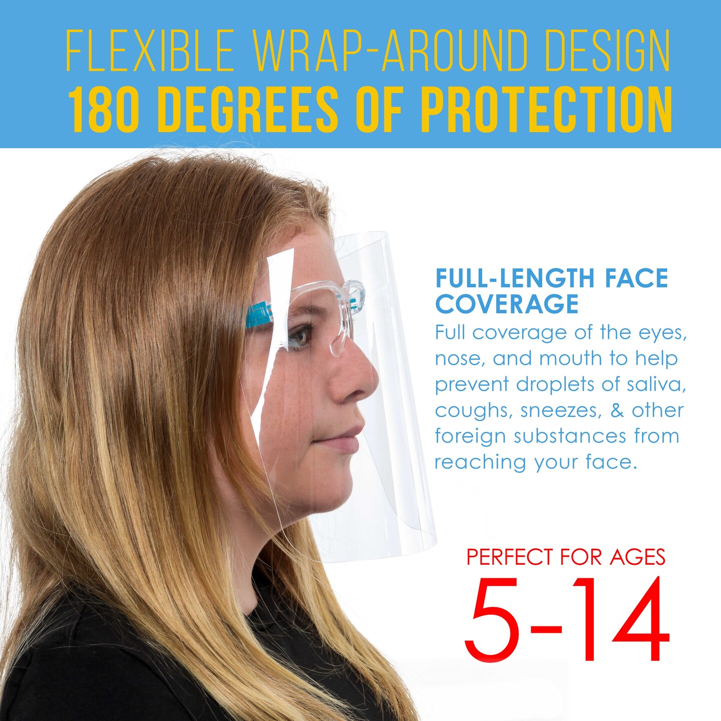 100 Kids Face Shields with Glasses Frames (20 Packs of 5) - 5 Colors, 20 Each - Protective Children&#x27;s Full Face Shields - Anti-Fog PET Plastic