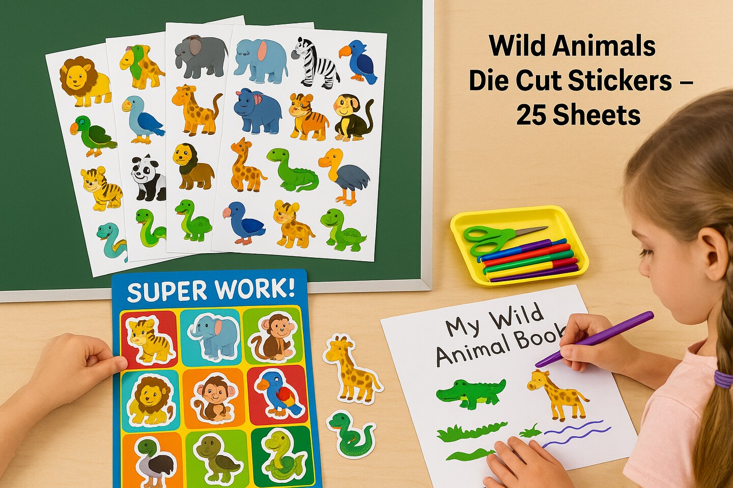 Wild Animals Die Cut Stickers &#x2013; 25 Sheets Pack of Colorful Safari Animal Stickers for Classroom Rewards, Scrapbooking &#x26; Crafts