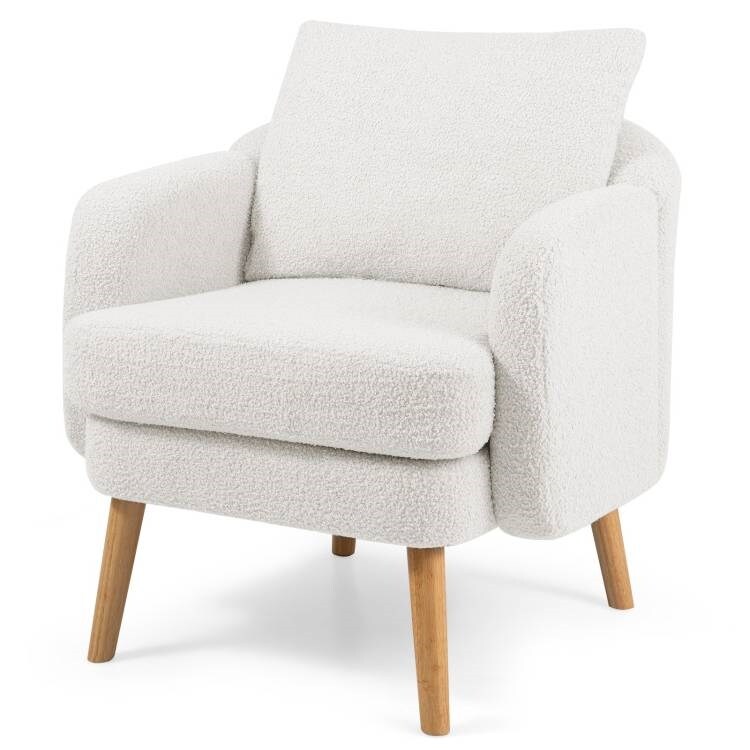 Sherpa Fabric Accent Chair with Curved Back, Pillow and Rubber Wood Legs