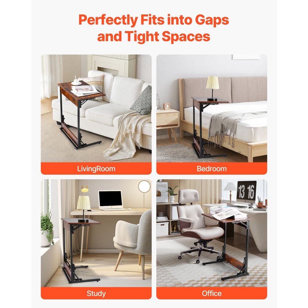 Brown Metal Frame C-Shaped Sofa Side Table Foldable with Adjustable Feet