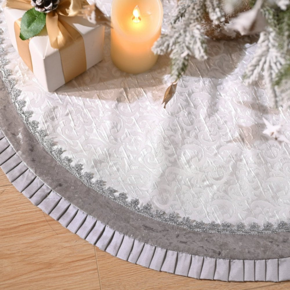 Silver and White Christmas Tree Skirt, 48-Inch Elegant Velvet & Brocade Holiday Tree Base Cover with Pleated Trim