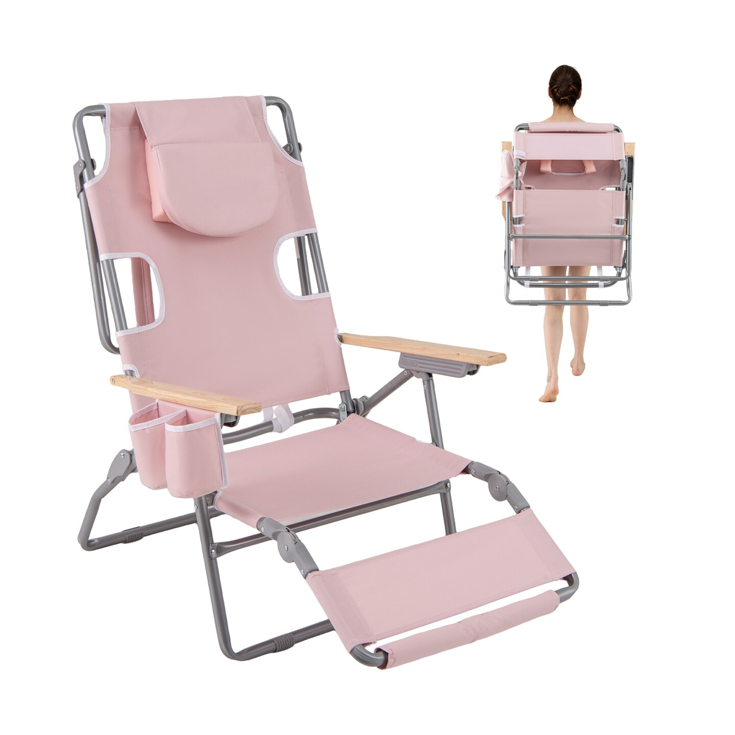 Folding Adjustable Beach Chair with Lay Flat Recliner Face Hole and Footrest Portable