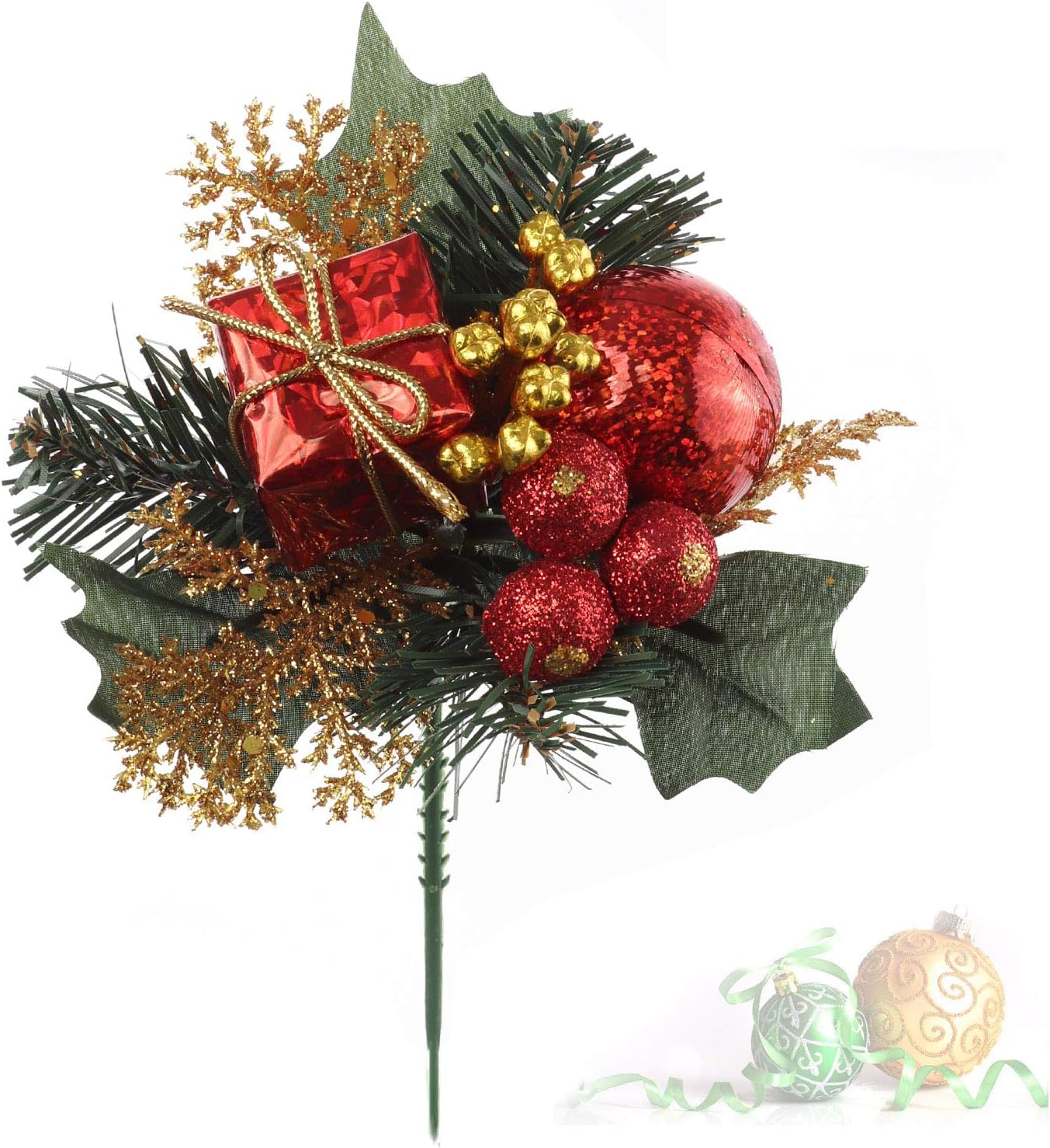 Set of 24: Traditional Red &#x26; Gold Holly Pick with Gift Box, Berries, &#x26; Ornament Balls | Festive Accents | Christmas Picks | Party &#x26; Event | Home &#x26; Office Decor - 2024 Christmas Collection, Floral Home by Artificial Flowers