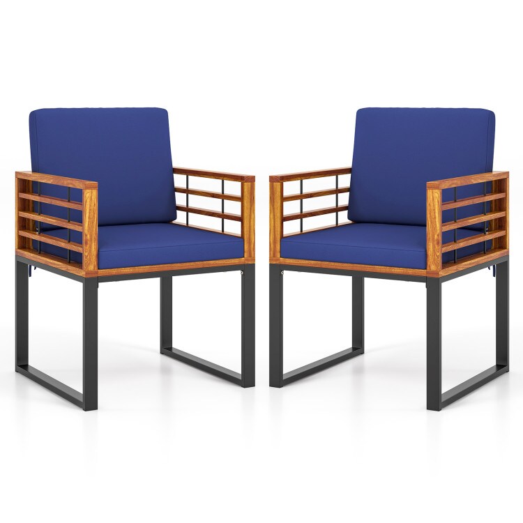Set of 2 Outdoor Dining Chairs with Cushions Solid Acacia Wood and Metal Patio Armchairs Navy Blue