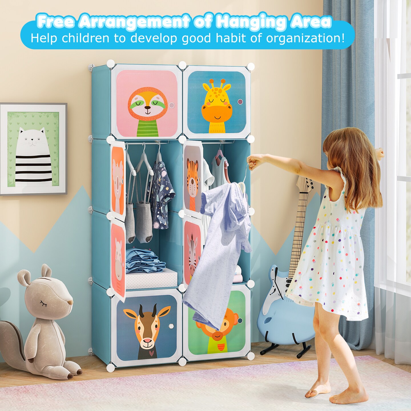 Kids Storage Cubes with Hanging Rod 6-Cube Organizer with Animal Doors for Toys and Clothes