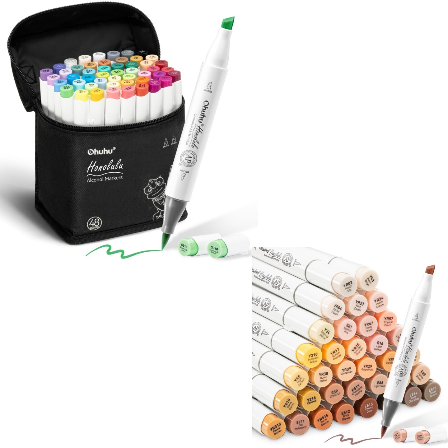 Ohuhu Honolulu 48 Colors + 36 Skin Tones Alcohol-Based Markers, Brush & Chisel, Dual Tips Art Markers Bundle