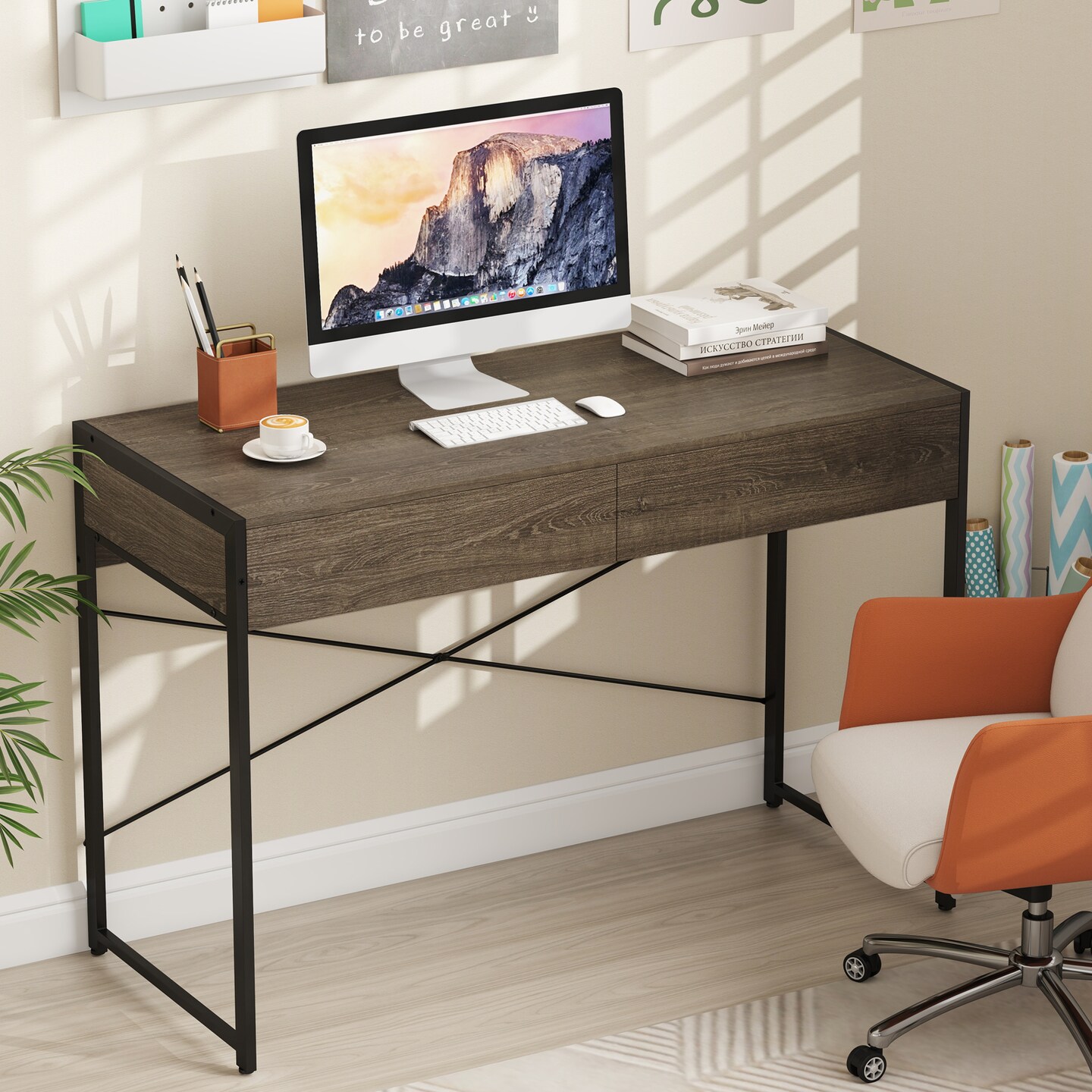 Black-Oak Engineered Wood Computer Desk with Metal Frame and Drawers