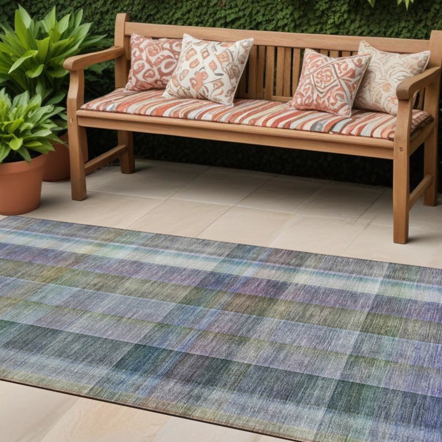 Edge Collections - 2' x 8' - Blue - Indoor Outdoor Plaid Washable Runner Rug - 1 Piece