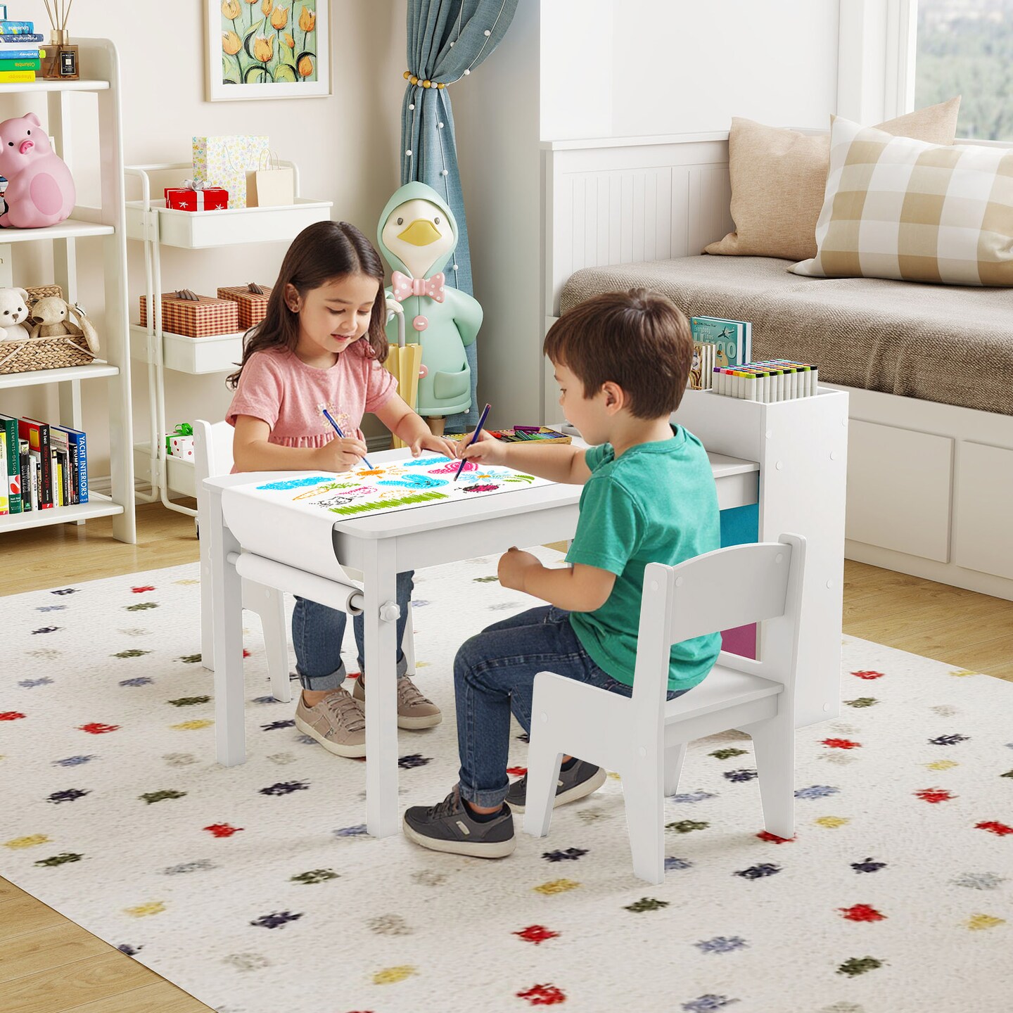 White MDF Metal Kids Art Table and Chair Set with Storage and Paper Roll
