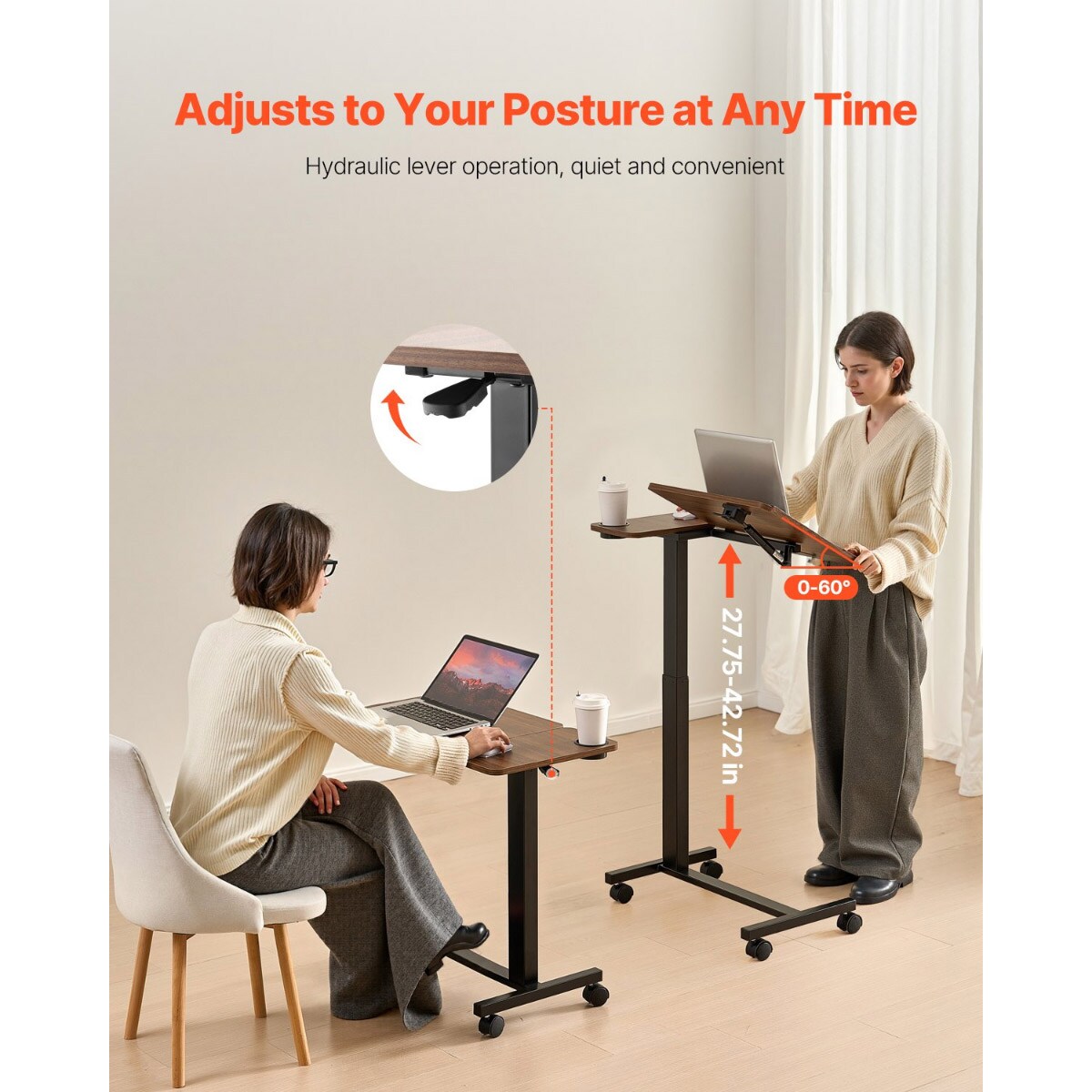 Mobile Bedside Desk with 4 Wheels and Cup Holder for Home or Office