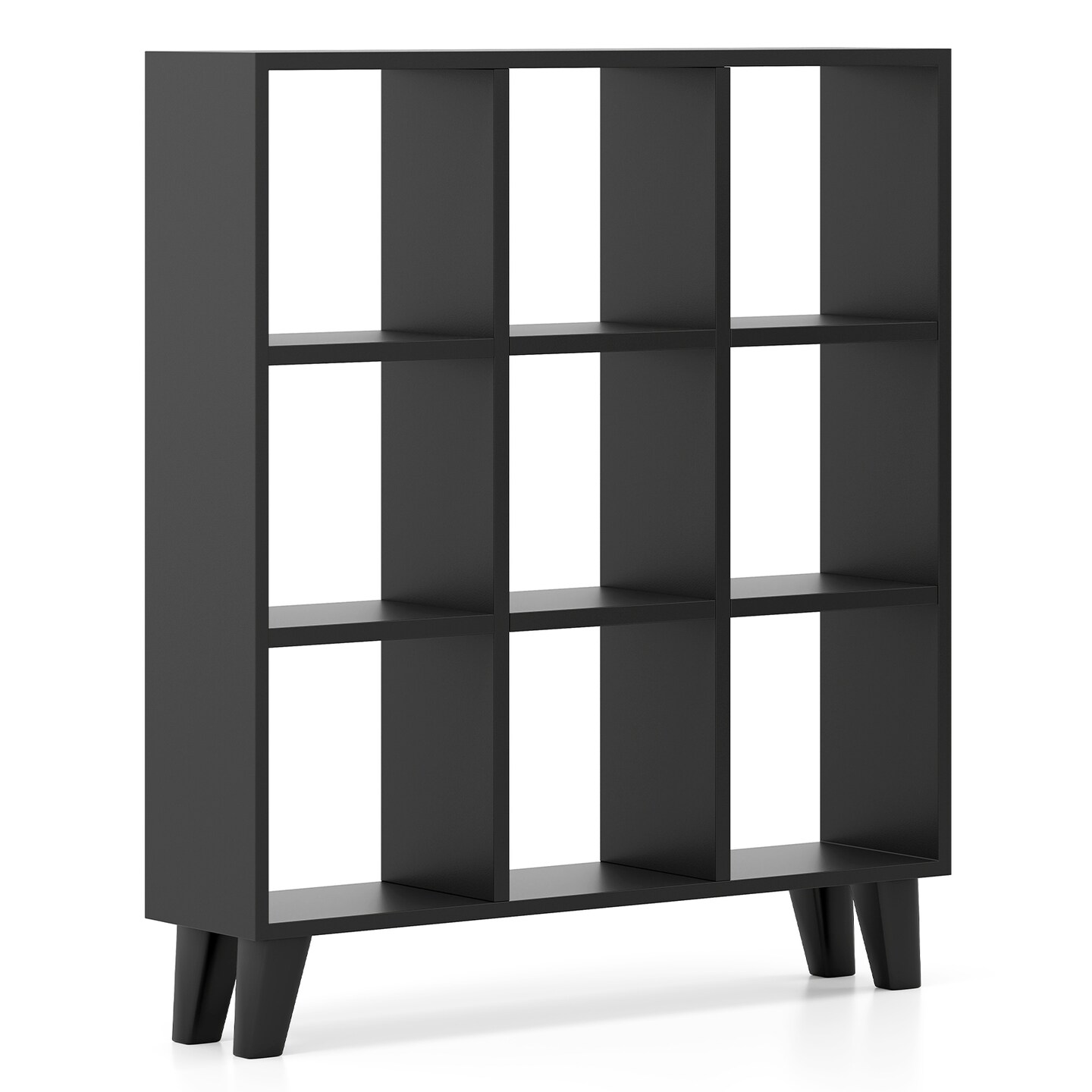Black Engineered Wood 9-Cube Bookcase with Removable Shelves and Raised Feet