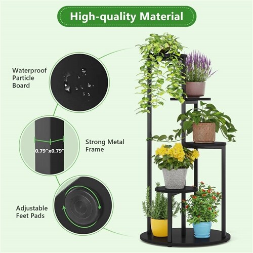 5-Tier Indoor Plant Stand with Black Metal Frame and Brown Wood Finish Shelves
