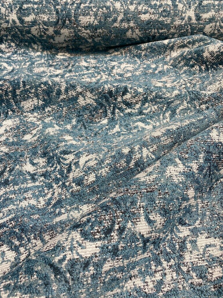 1 Yard Upholstery Chenille Fabric Aqua Teal Damask Soft Durable 100% Polyester 54 Inch Width