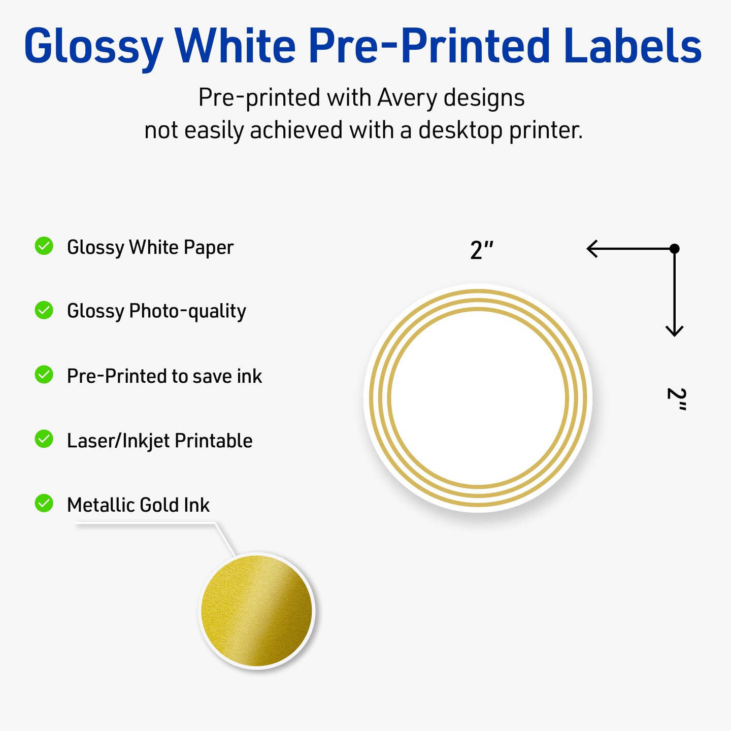 Avery Printable Round Labels with Sure Feed Technology, Multi-Lined Gold Border Design, 2&#x22; Diameter, Glossy White Permanent Labels, Laser/Inkjet, 120 Total, Great for Product Labels