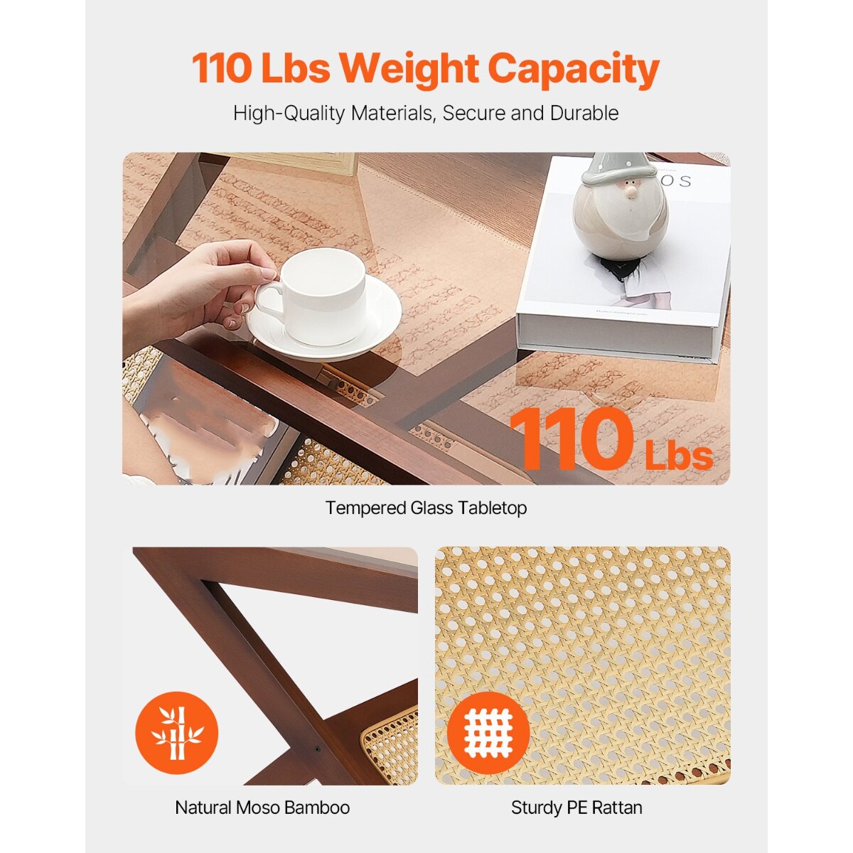 47-Inch Z-Shaped Rattan Woven Coffee End Table with Removable Glass Top Suitable for Any Small Space