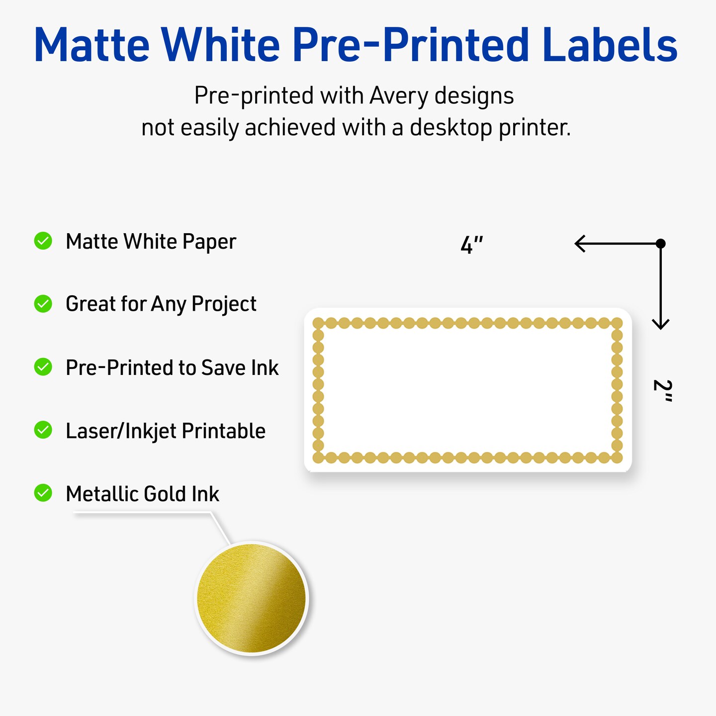 Avery Printable Shipping Labels, 2" x 4", Matte White with Gold Beads Design, Permanent Adhesive, Laser & Inkjet Compatible, 10 Total, Great for Shipping, Branding, and Weddings
