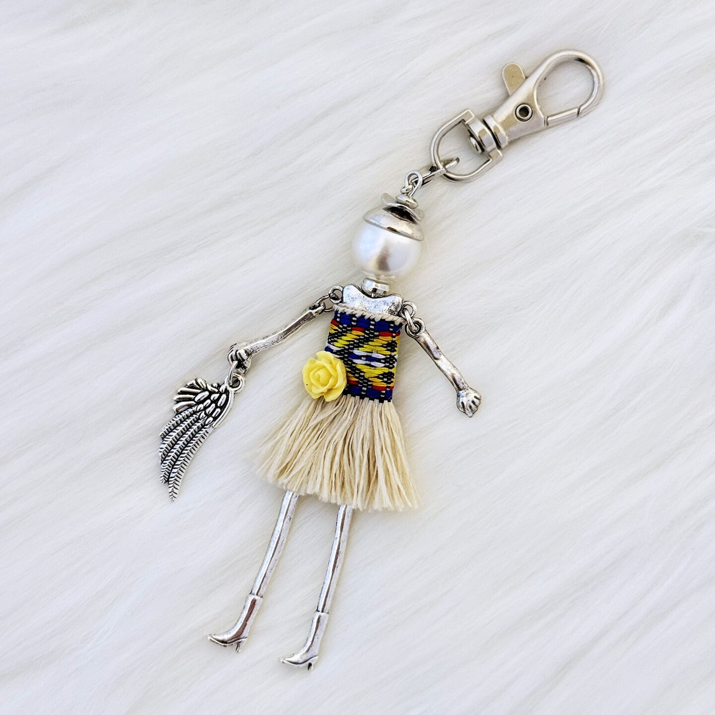 Wrapables Hanging Fashionista Doll Keychain, Crystal Rhinestone Keyring Bag Charm, Boho Rose