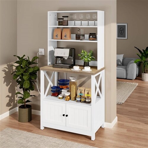 Modern White Wooden Kitchen Rack with Wine Glass Holder Shelves and Cabinet Storage
