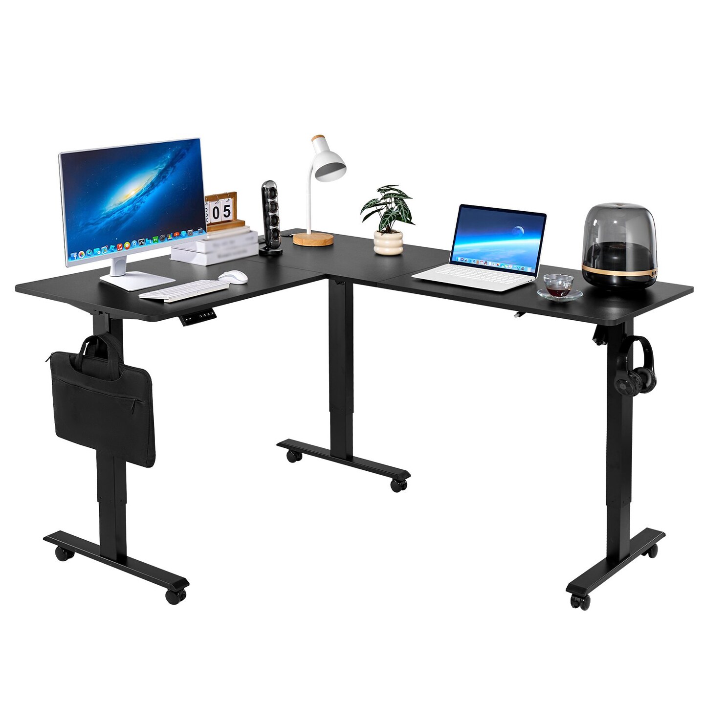 Electric Adjustable L Shaped Desk with Power Strip for Home Office