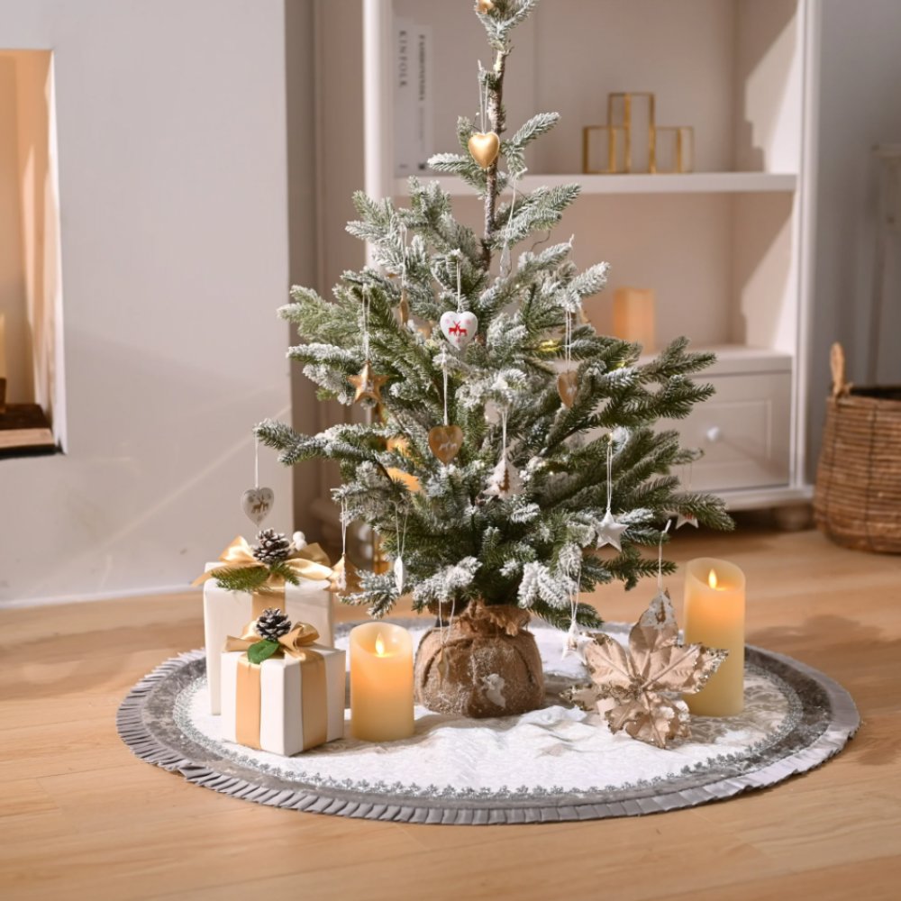 Silver and White Christmas Tree Skirt, 48-Inch Elegant Velvet & Brocade Holiday Tree Base Cover with Pleated Trim