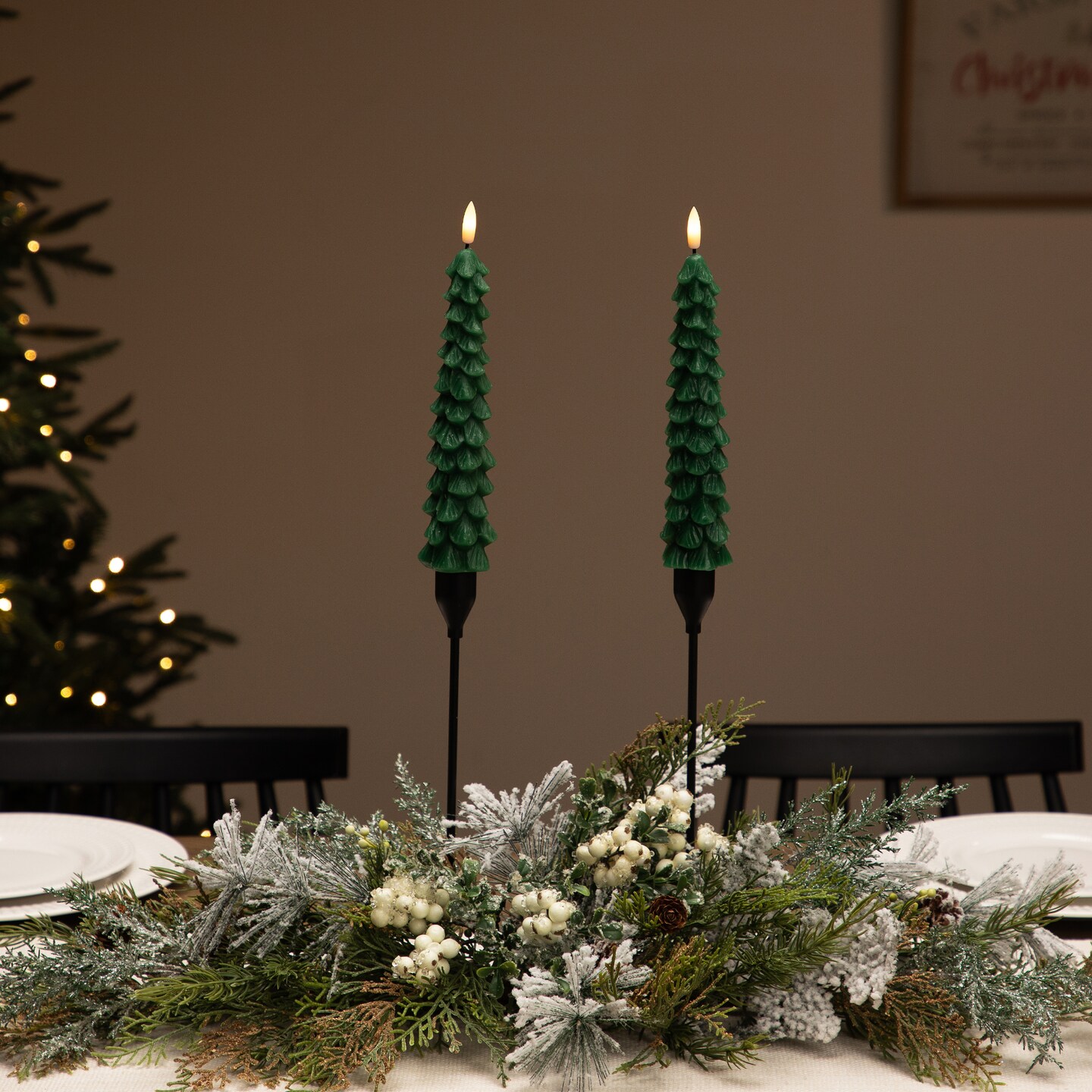 Northlight Flickering LED Flameless Wax Tapered Christmas Tree Candles - 9.75" - Green - Set of 2